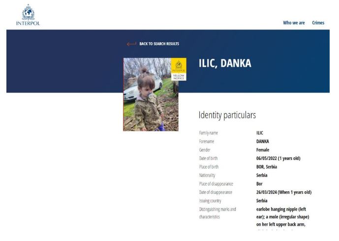 Интерпол распиша жолта потерница по малата Данка од Србија