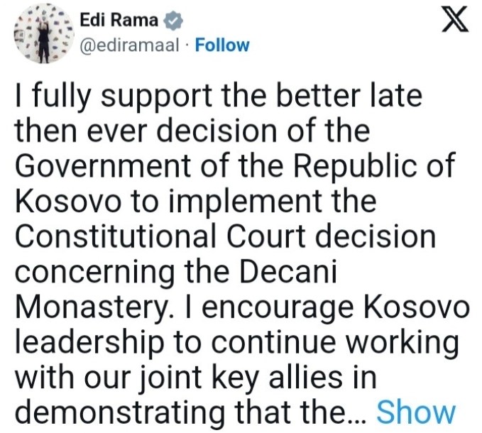 Рама целосно ја поддржува одлуката на Владата на Косово за имотите на Дечанскиот манастир
