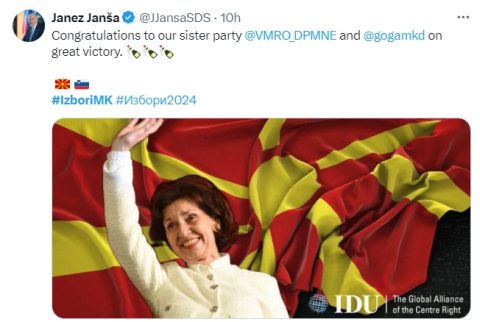 Јанша: Честитки до нашата сестринска партија ВМРО-ДПМНЕ и Гордана Силјановска Давкова за големата победа