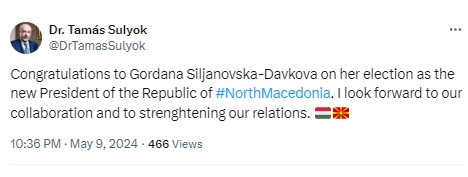 Претседателот на Република Унгарија, Тамаш Суљок упати честитки до Силјановска Давкова