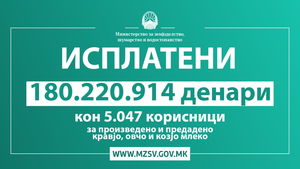 Трипуновски: Исплатени се над 180 милиони денари кон 5.047 корисници кои што имаат произведено и предадено кравјо, овчо и козјо млеко