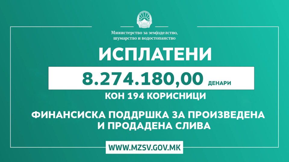 МЗШВ: Ќе биде исплатена финансиска поддршка за произведена и предадена слива