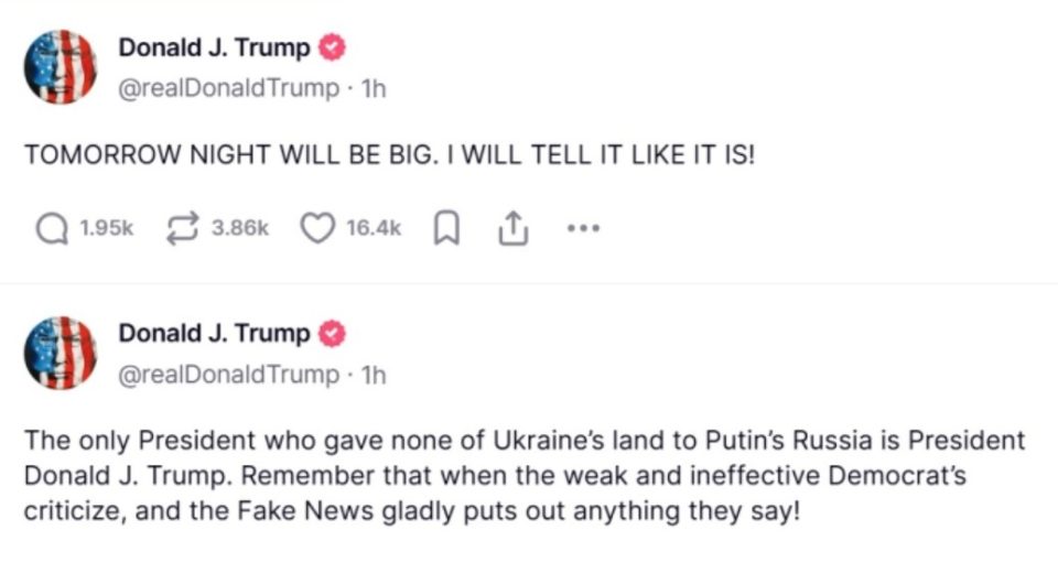 Трамп: Јас сум единствениот што не му предадов ни дел украинска земја на Путин, утре вечер голема најава