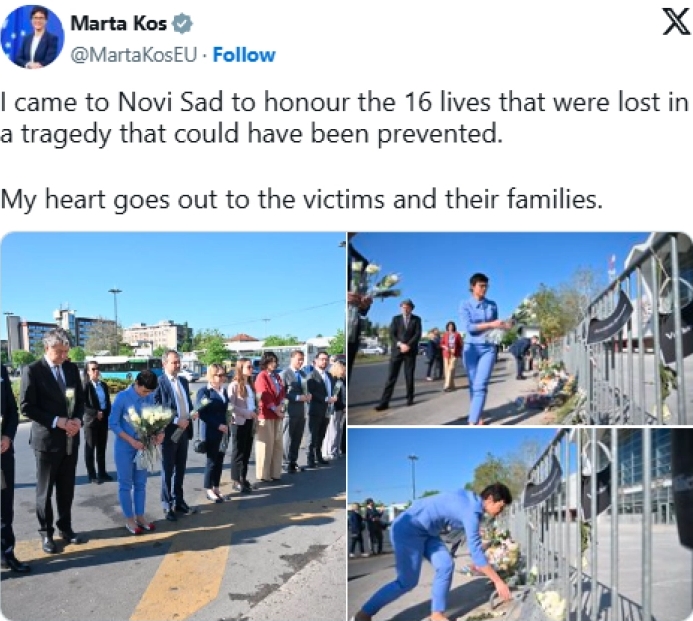 Марта Кос во Нови Сад им оддаде почит на жртвите од падот на бетонската настрешница на железничката станица