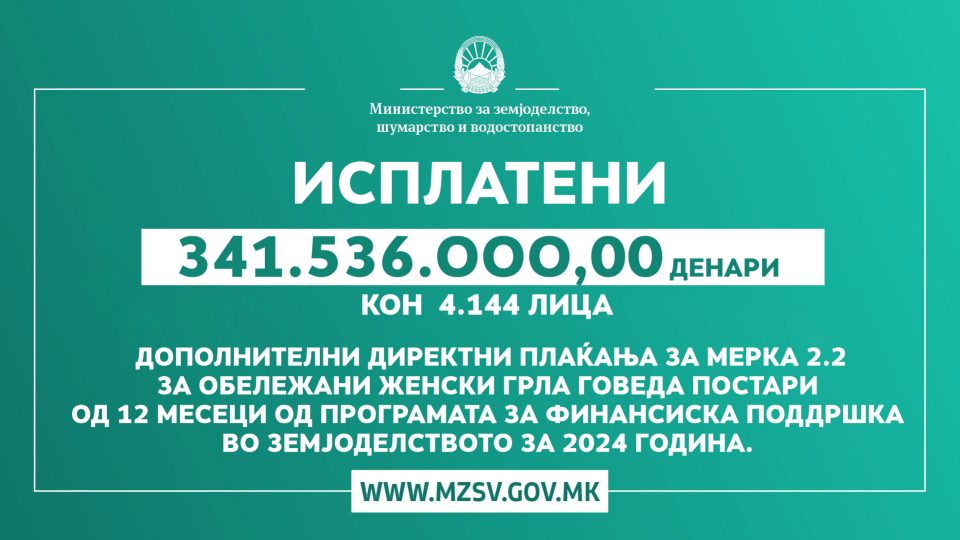 МЗШВ: Исплатени над 340 милиони денари субвенции за обележани грла говеда