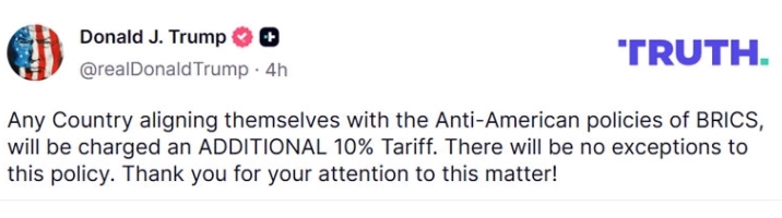 Трамп: За земјите кои соработуваат со БРИКС ќе има дополнителни царини