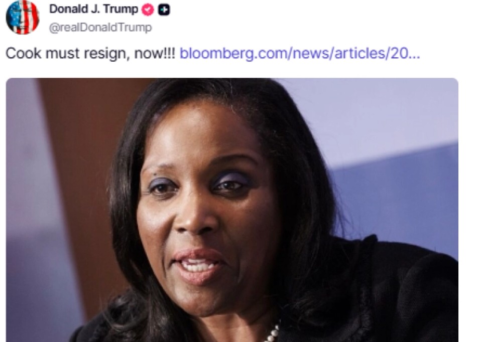 Трамп ја повика гувернерката на Федералните резерви, Лиса Кук, да поднесе оставка