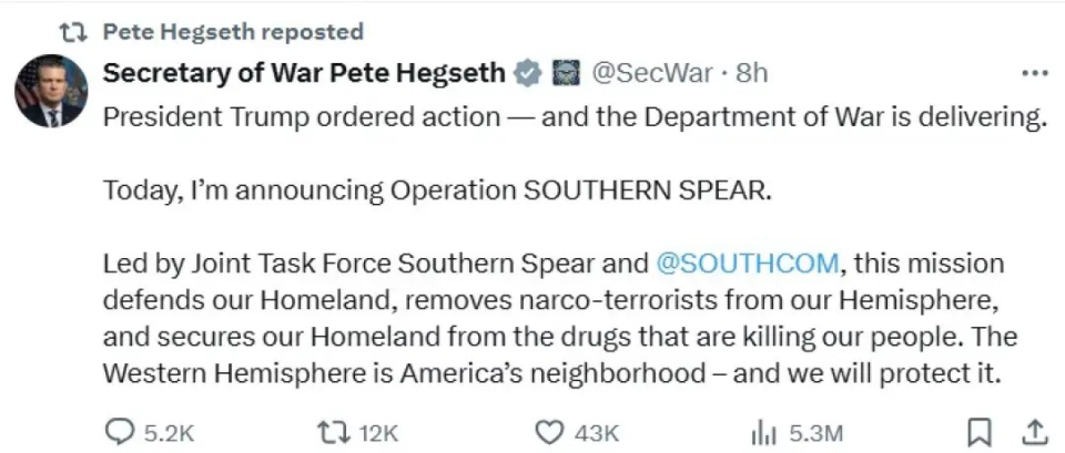 Хегсет: Ја започнуваме операцијата „Јужно копје“ за да се „исчисти земјата од наркотерористи“