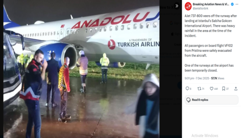 АВИОН ИЗЛЕТА ОД ПИСТАТА ВО ИСТАНБУЛ Патниците од летот Приштина–Истанбул спасени