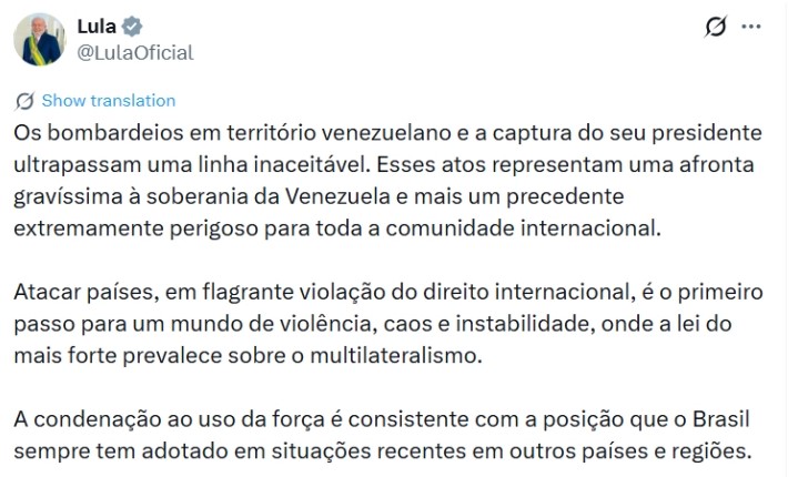 Бразилскиот претседател Лула го осуди американскиот напад врз Венецуела