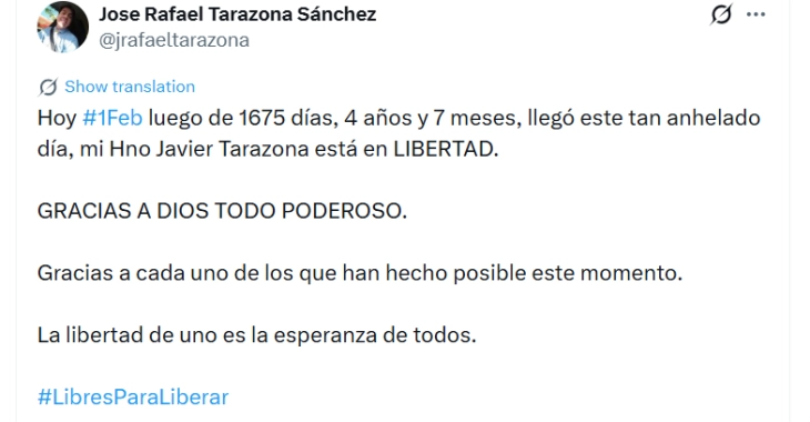 Ослободен венецуелскиот активист за човекови права Хавиер Таразона